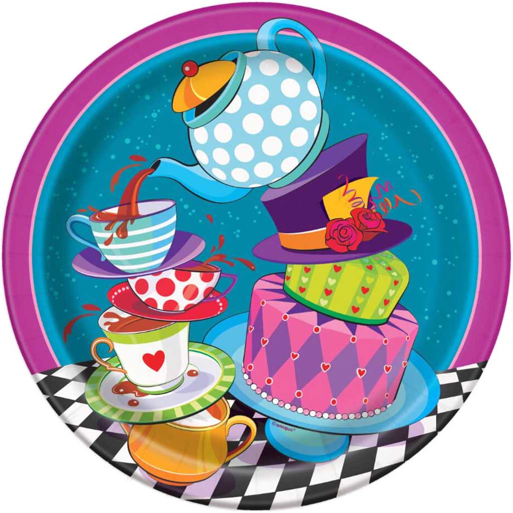 Round Dinner Plates 9in 8ct, Mad Hatter Tea Party 