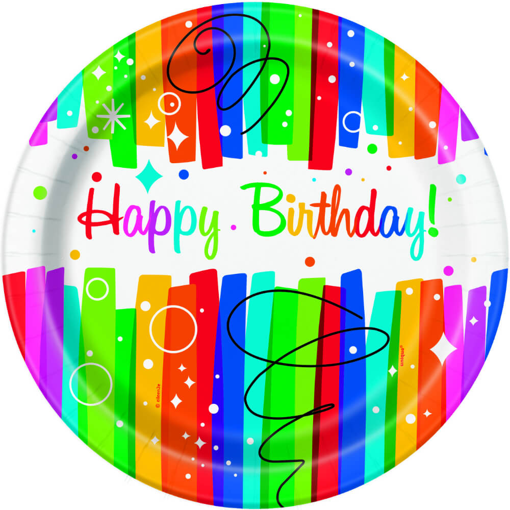 Round Dinner Plates 9in 8ct, Rainbow Ribbons Birthday 