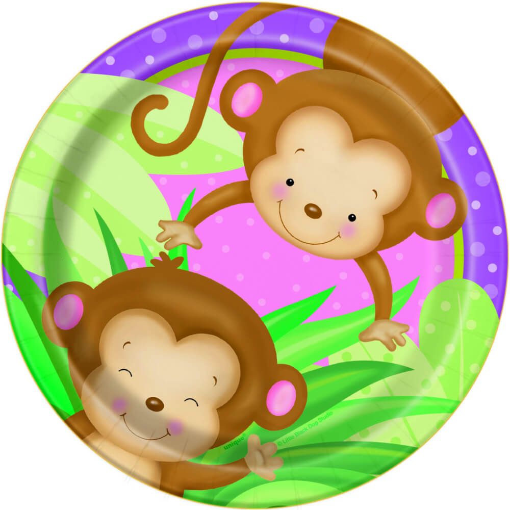 Round Dessert Plates 7in, 8ct, Girl Monkey Baby Shower 