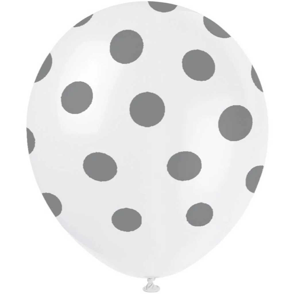 Latex Balloons 12in 6ct, Silver Dots 