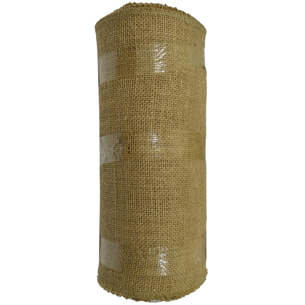 Gold Glitter Burlap Jute Roll Overlock Natural 9in x 10yd