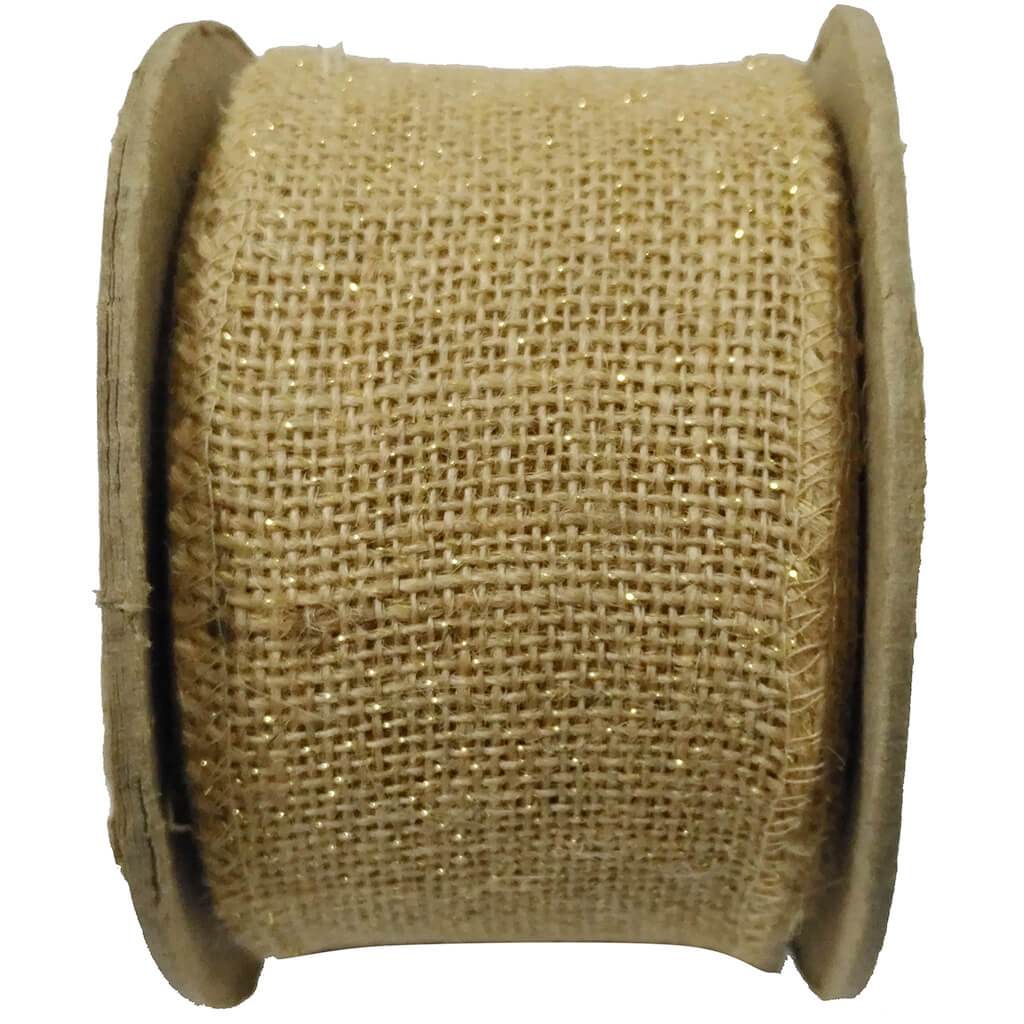 Burlap Ribbon Wired Edge 2.5in x 10yd Natural &amp; Gold Metallic