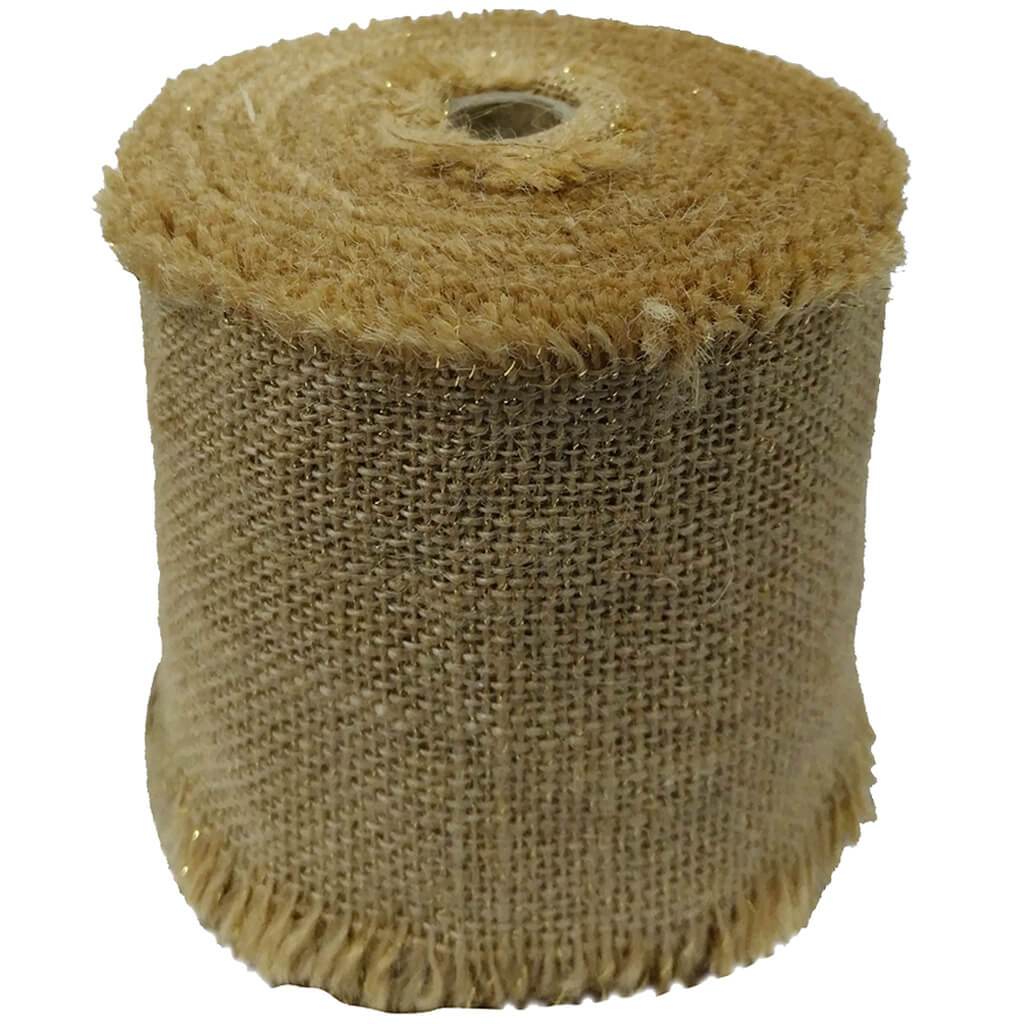 Fringed Edge Burlap Ribbon with Gold Metallic Thread 4in x 10yd