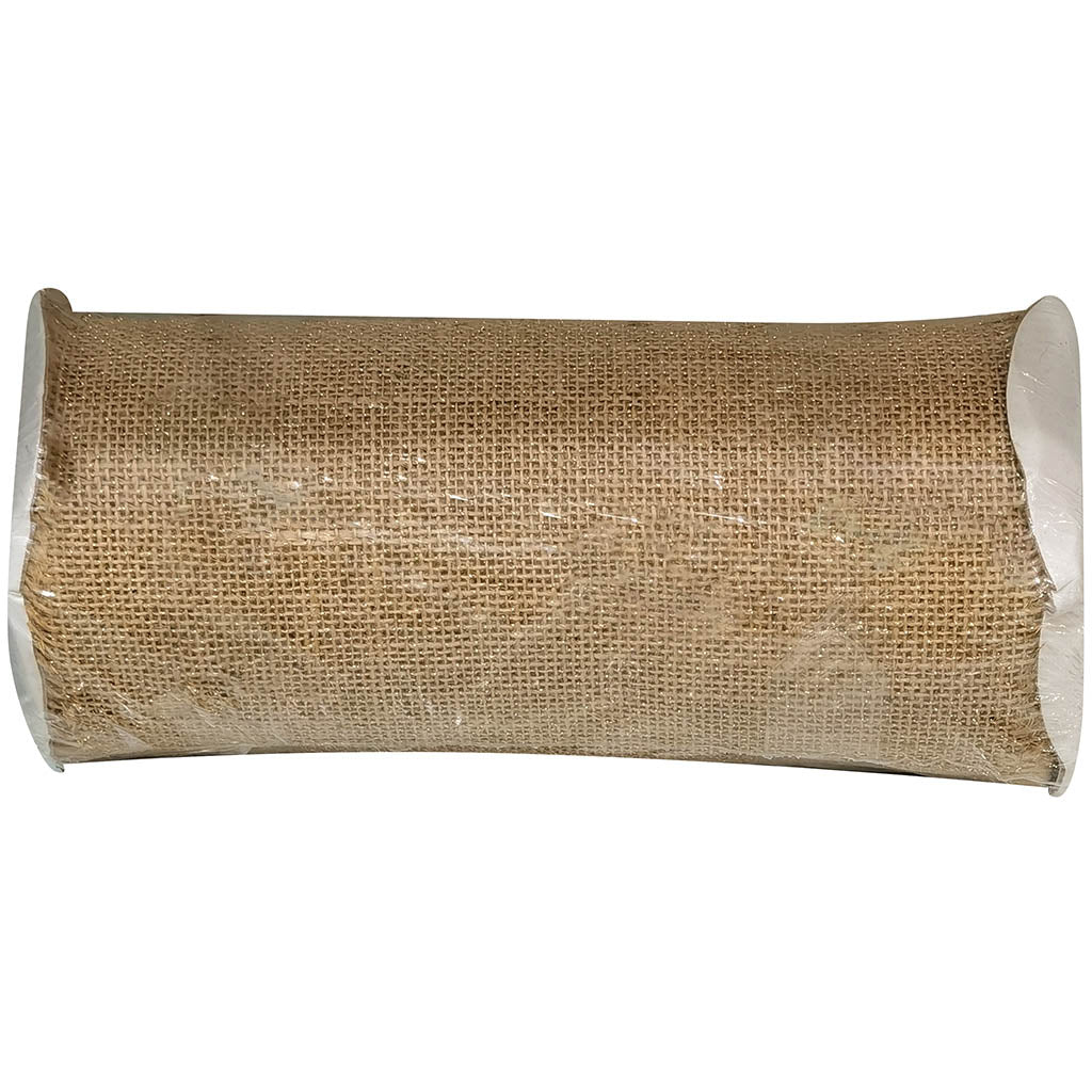 Fringed Edge Burlap Ribbon with Gold Metallic Thread 9in x 10yd