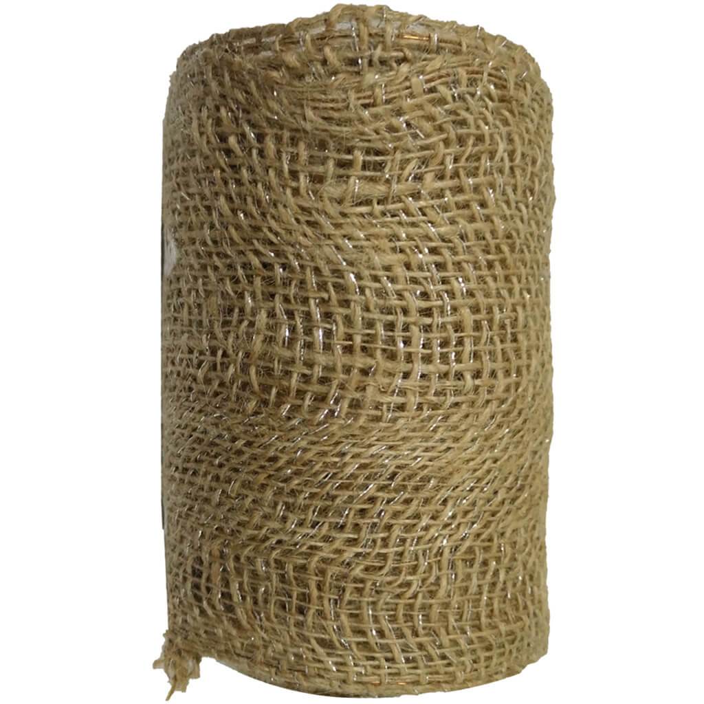 Burlap Woven Silver Lurex Wire Natural 6in x 10yd