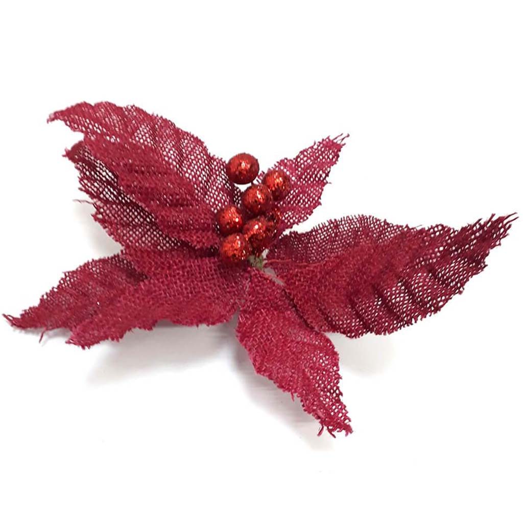 Red Burlap Poinsettia Stem 8in x 11in 