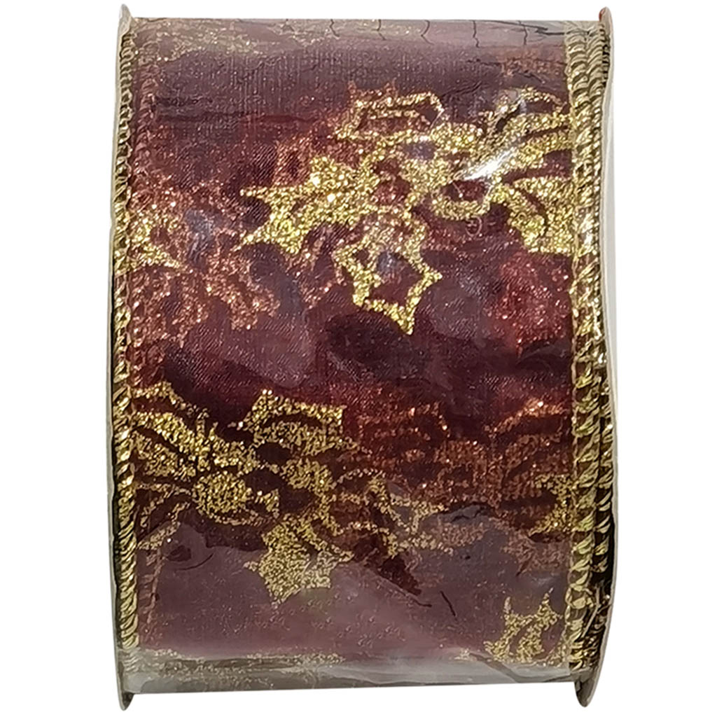 Sheer Burgundy with Gold Holly Leaves 2.5in x 10yd