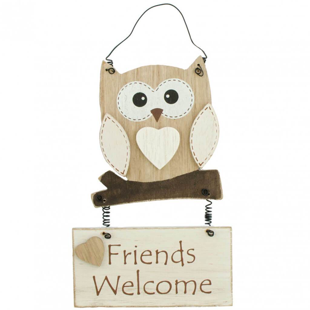 Owl Friends Welcome Wooden Hanging Sign 4.75in