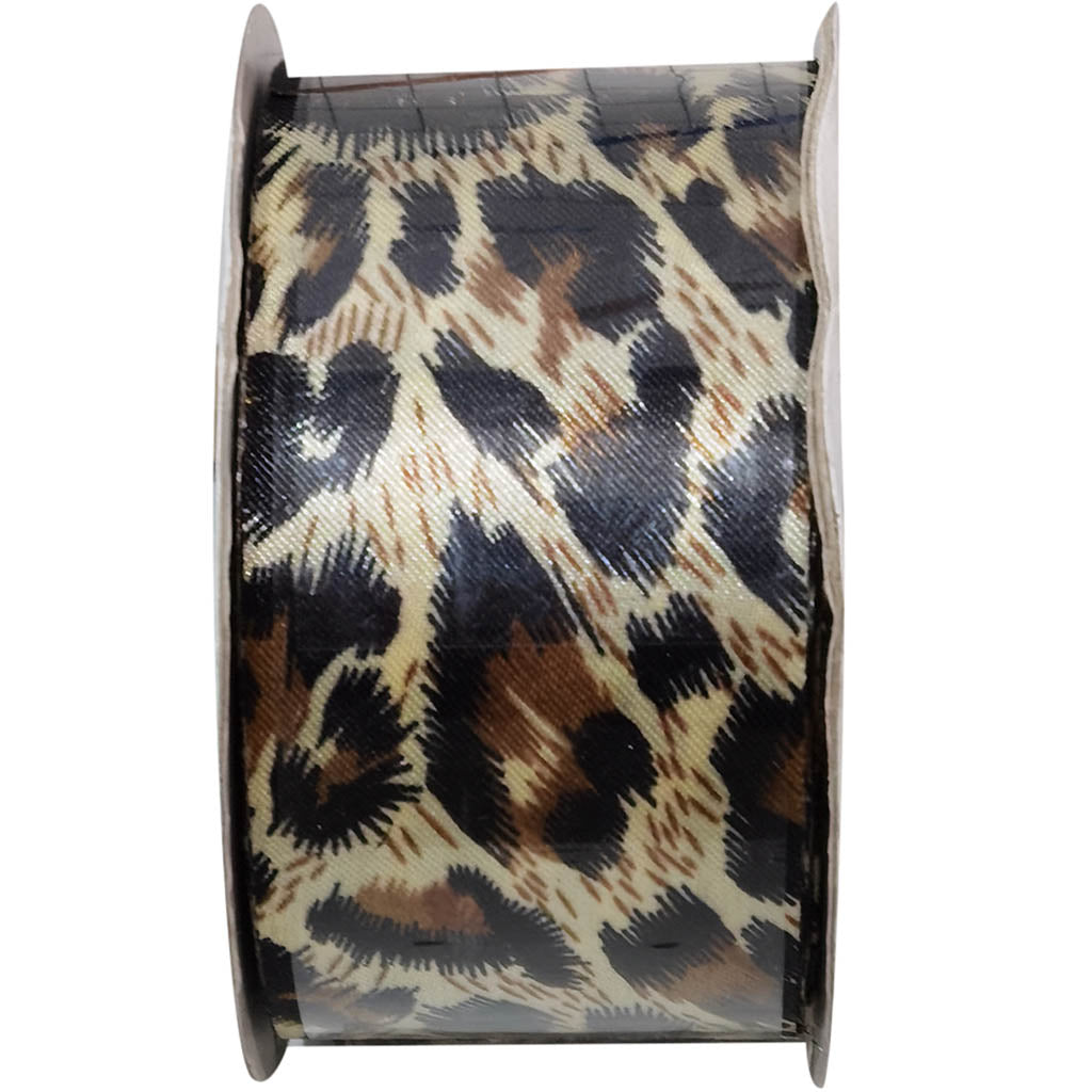 Cut Edge Satin Animal Leopard Ivory Black Brown 1.5in x25yd