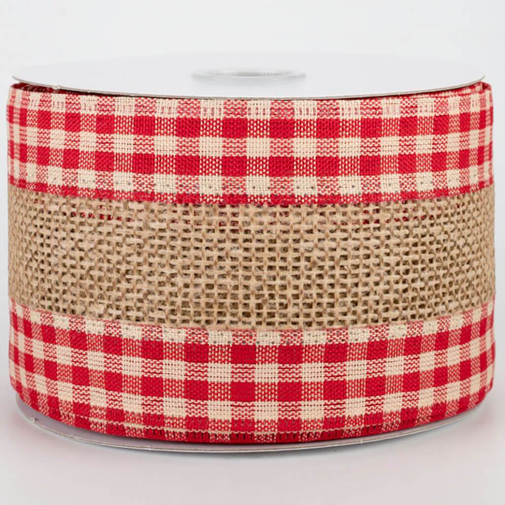 Faux Burlap Check Edge Natural Red &amp; White Edge 4in x 10yd