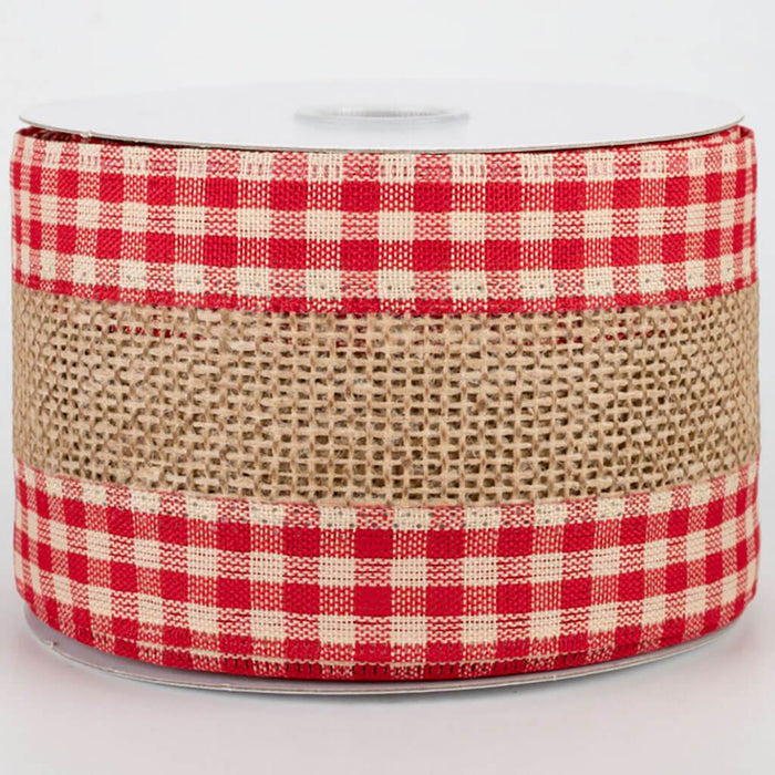 Faux Burlap Check Edge Natural Red & White Edge 4in x 10yd