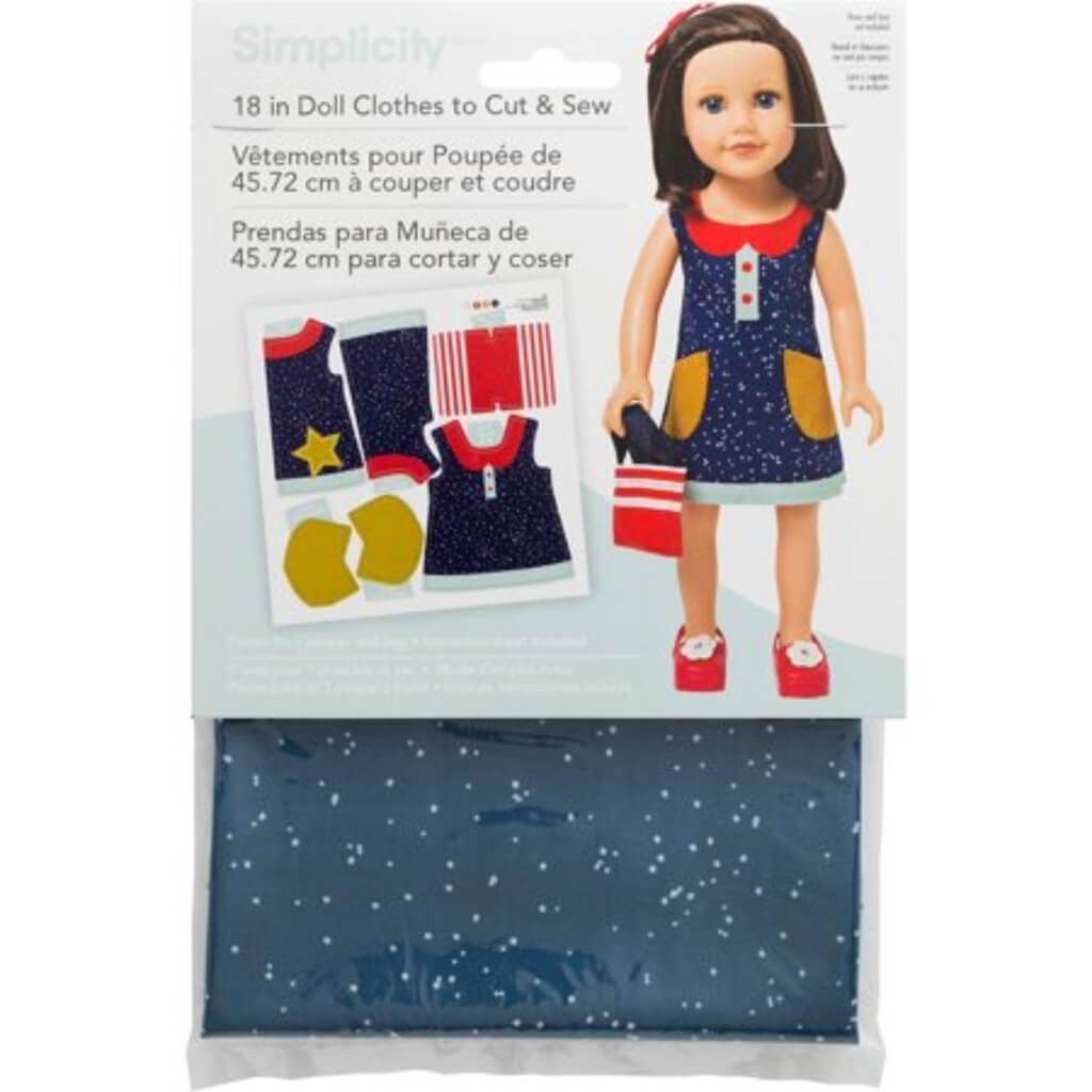 Simplicity 18in Doll Clothes To Cut &amp; Sew Navy Dress with Red &amp; White Purse