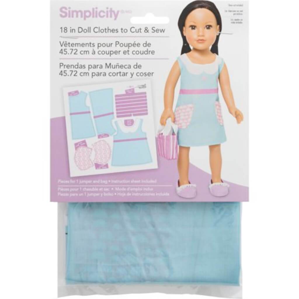 Simplicity 18in Doll Clothes To Cut &amp; Sew Light Blue Dress with Pink &amp; White Purse