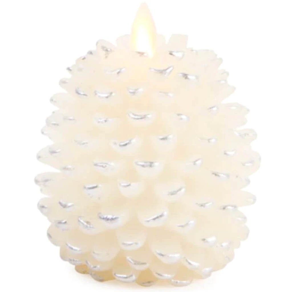 Luminara Flameless Candle Pine Cone Shape White with Silver Accents 3.5in 