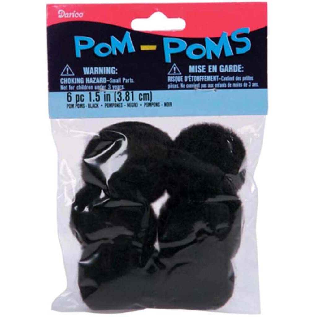 POM-POMS ACRYLIC BLACK 6PC 1.5 IN 