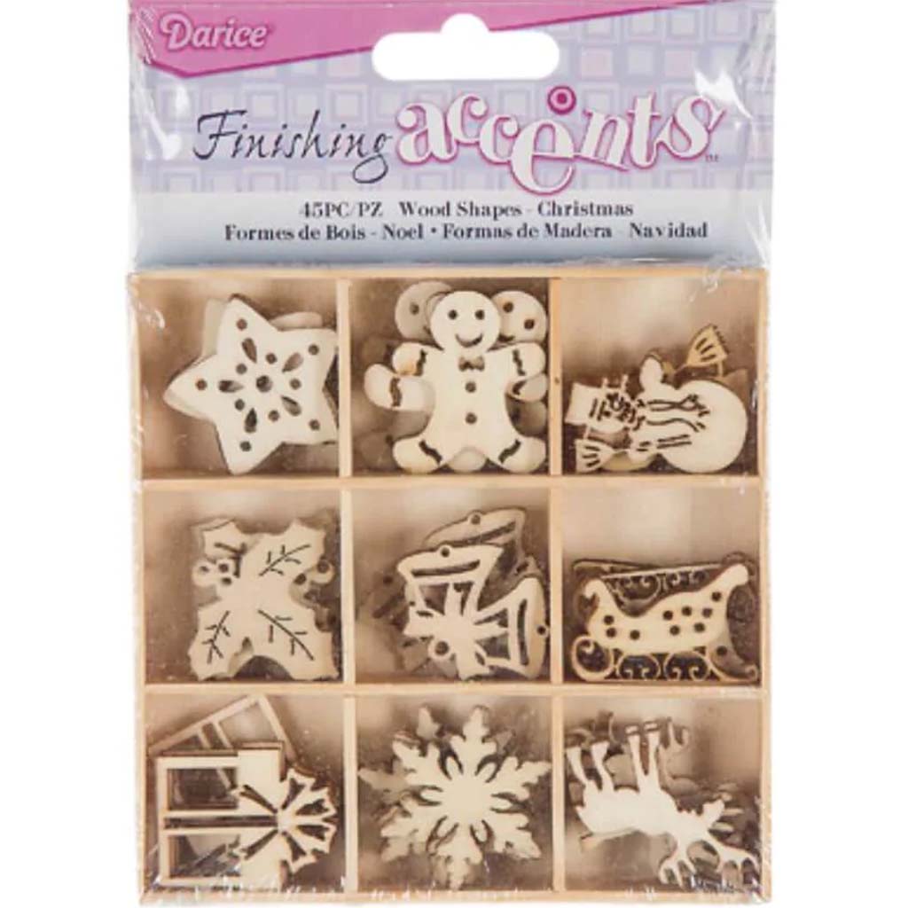 Mini Laser Cuts Wood Shapes Christmas 45Pc 