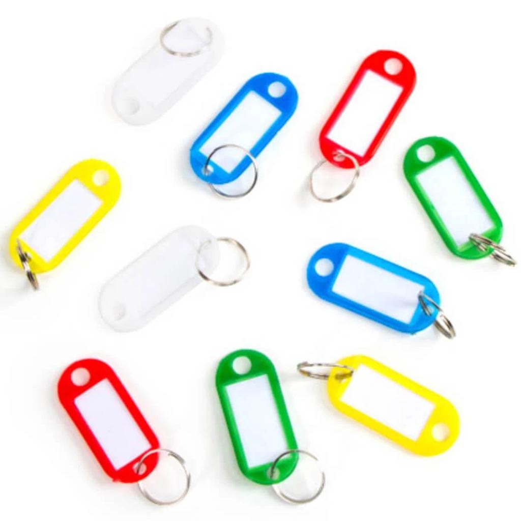 Crafter&#39;s Toolbox™ Plastic Key Ring Tags Assorted Colors 12 assorted size 