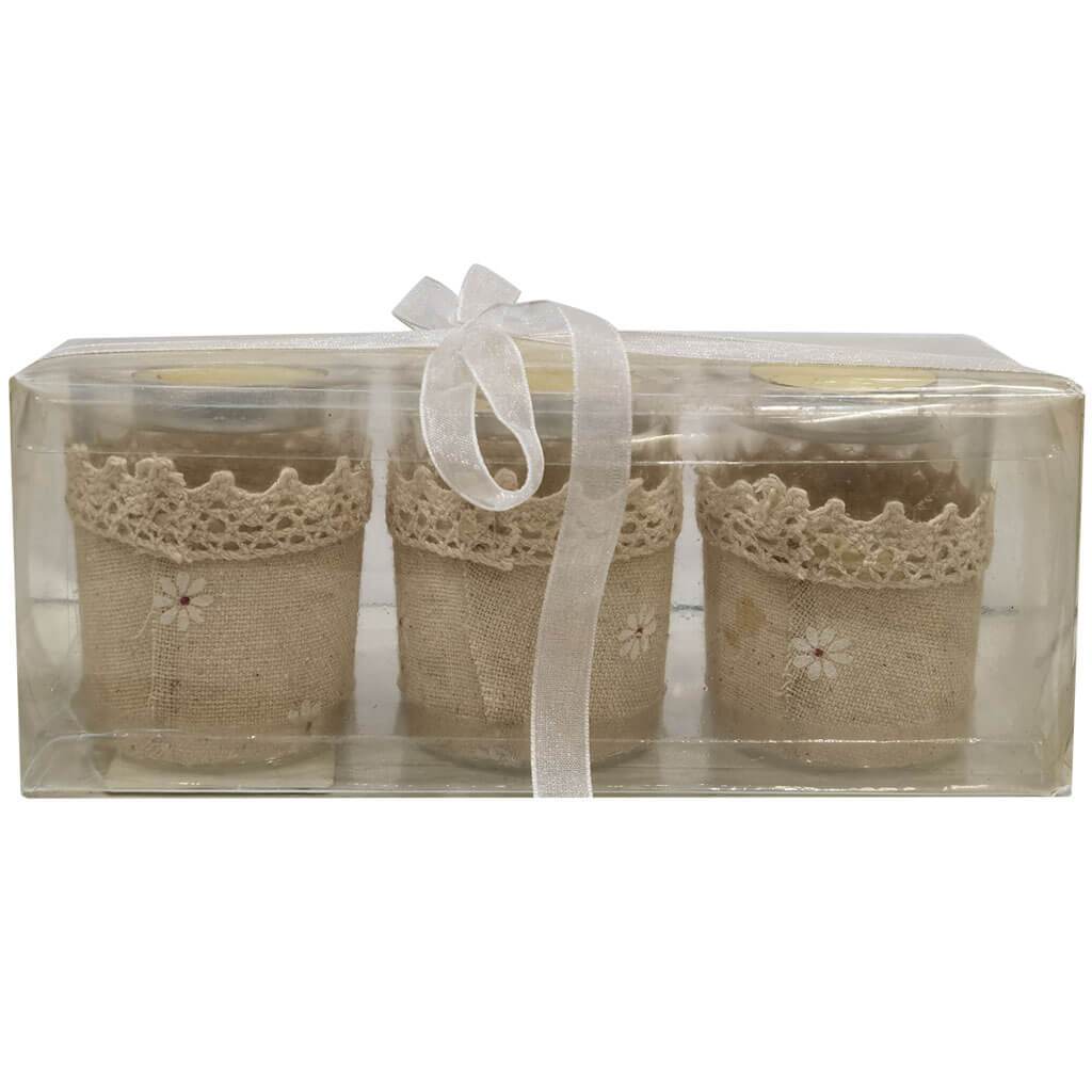 Clear Glass Holder Tealight Linen &amp; Lace Flower Wrapped 2.2in x 2.5.in