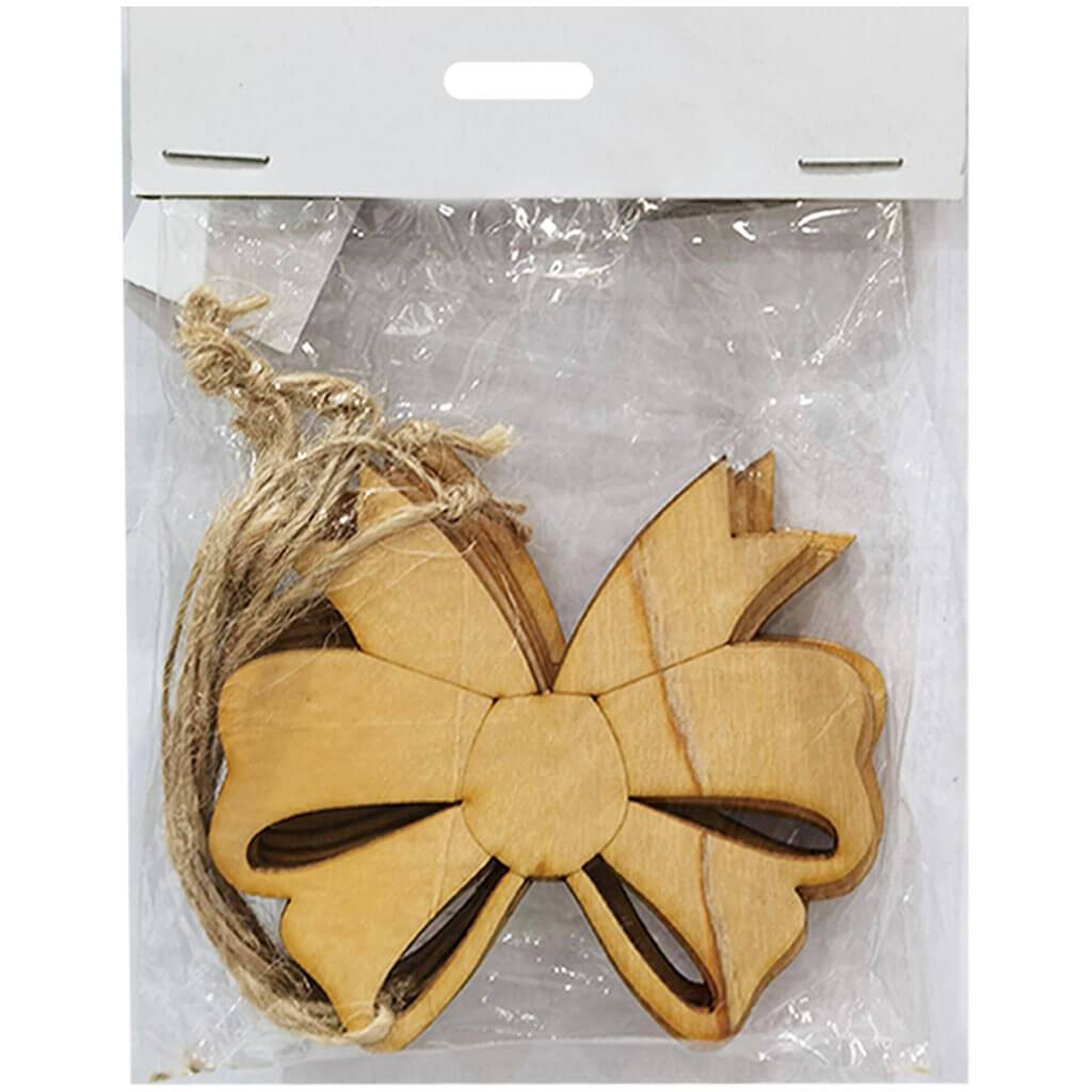 Wooden Bow Ornament  3in x 3in Set of 6