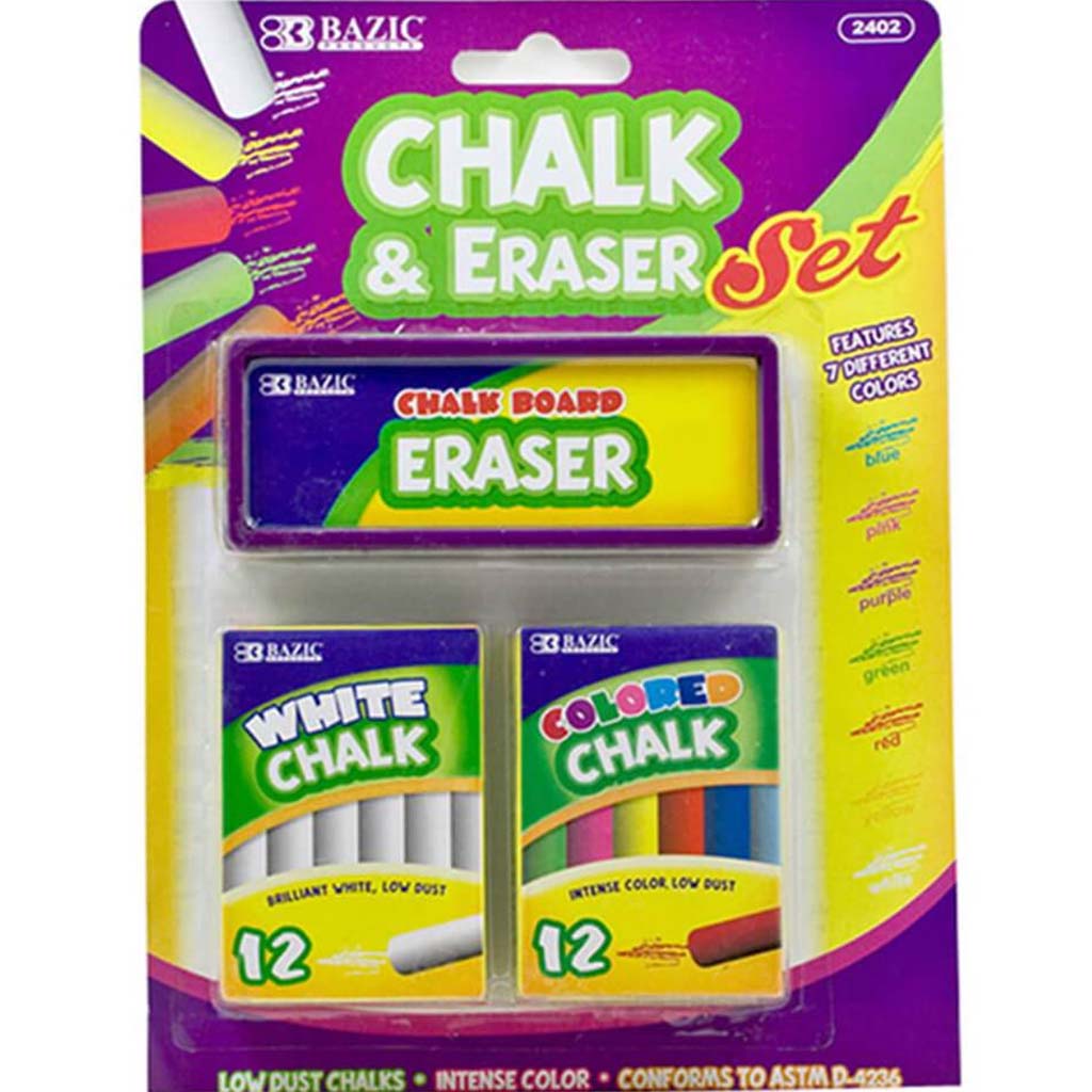 12 Colored and 12 White Chalk with Eraser Set 