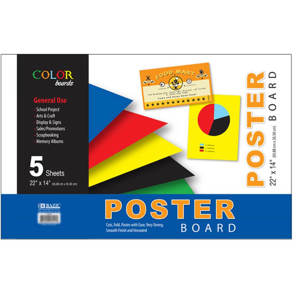 Premium Coated Poster Board, 11 x 14, Assorted Neon Colors, 5/Pack