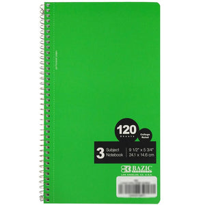 Bazic Notebook Spiral C/R 3-Subject 9.5in x 5.75in 120ct
