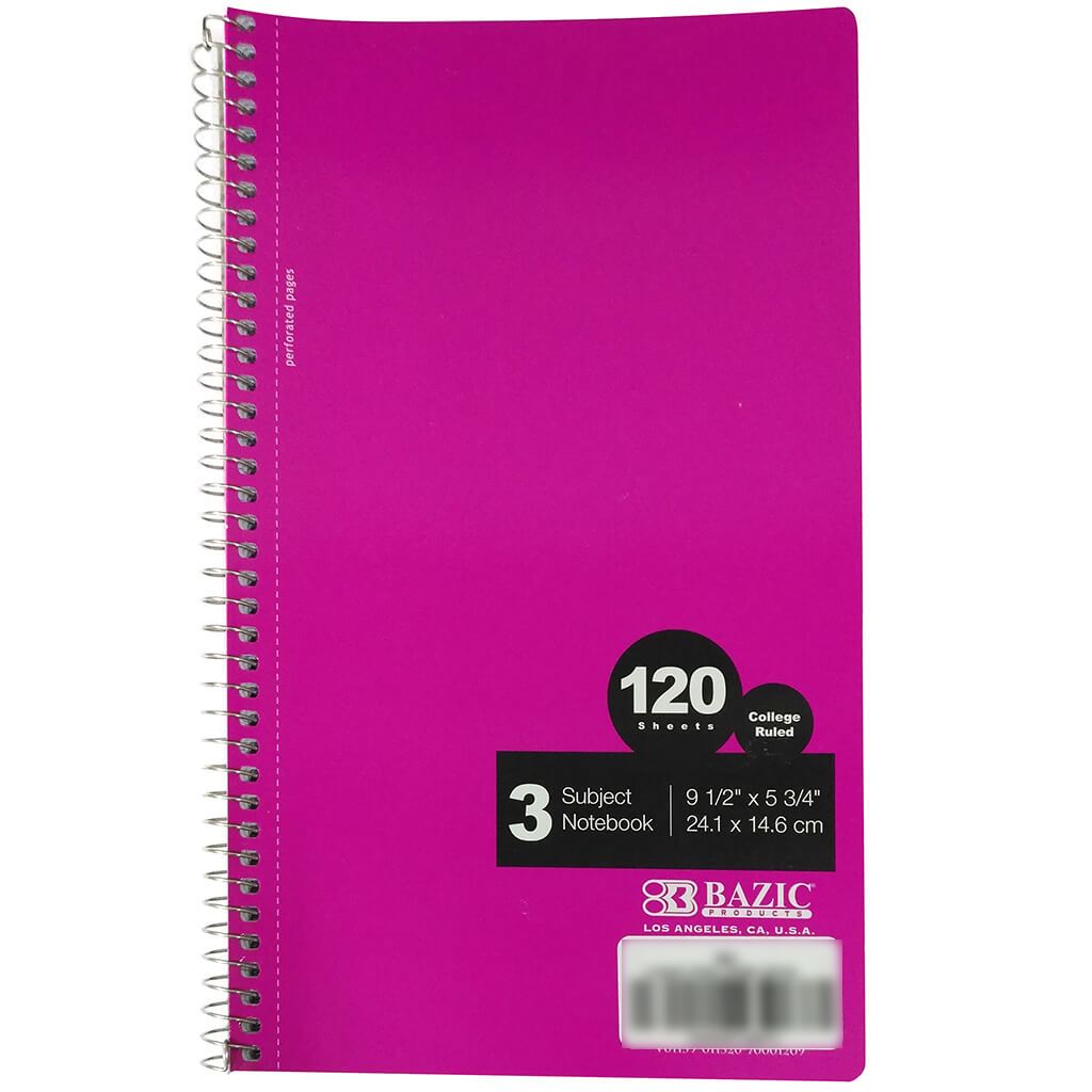 Bazic Notebook Spiral C/R 3-Subject 9.5in x 5.75in 120ct