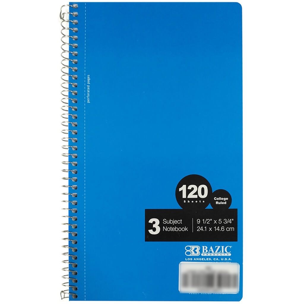 Bazic Notebook Spiral C/R 3-Subject 9.5in x 5.75in 120ct