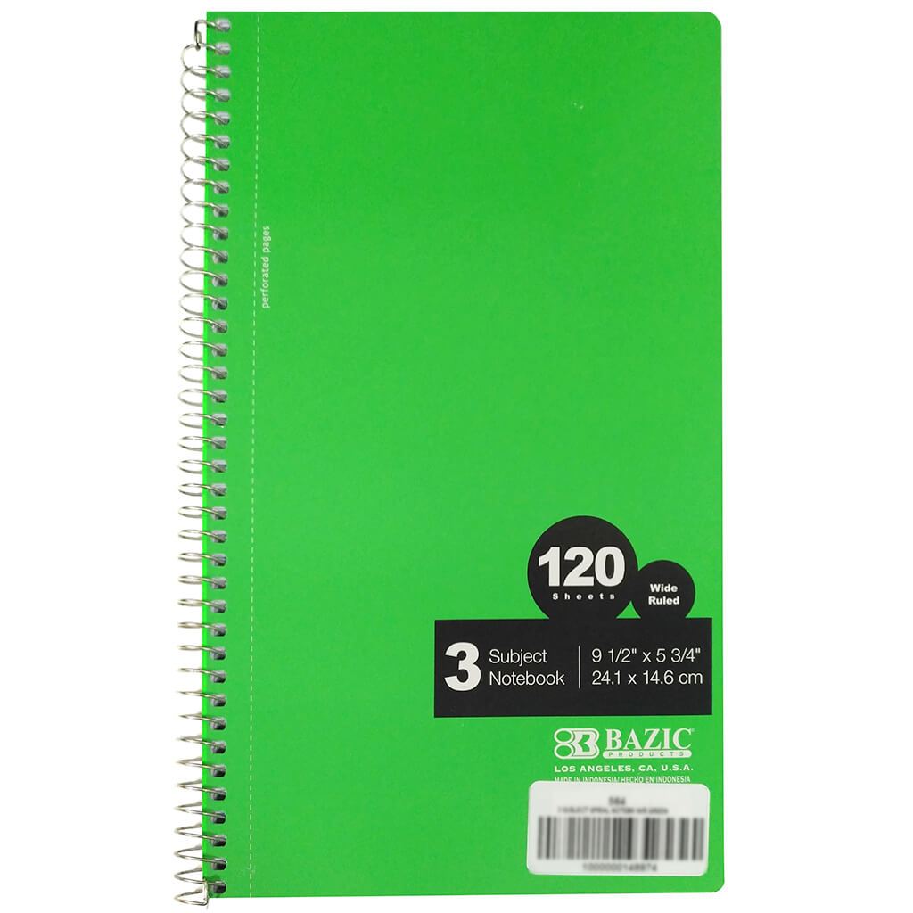 Bazic Notebook Spiral W/R 3-Subject 9.5in x 5.75in 120ct