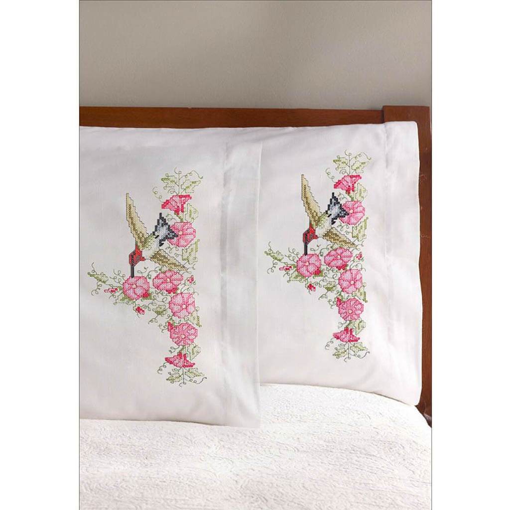 Bucilla Stamped Embroidery Pillowcase Pair 20in x 30in Hummingbird Floral