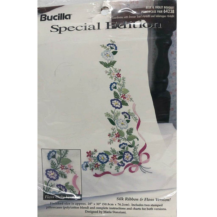 Bucilla Stamped Embroidery Pillowcase Pair 20in x 30in Blue & Violet Bouquet