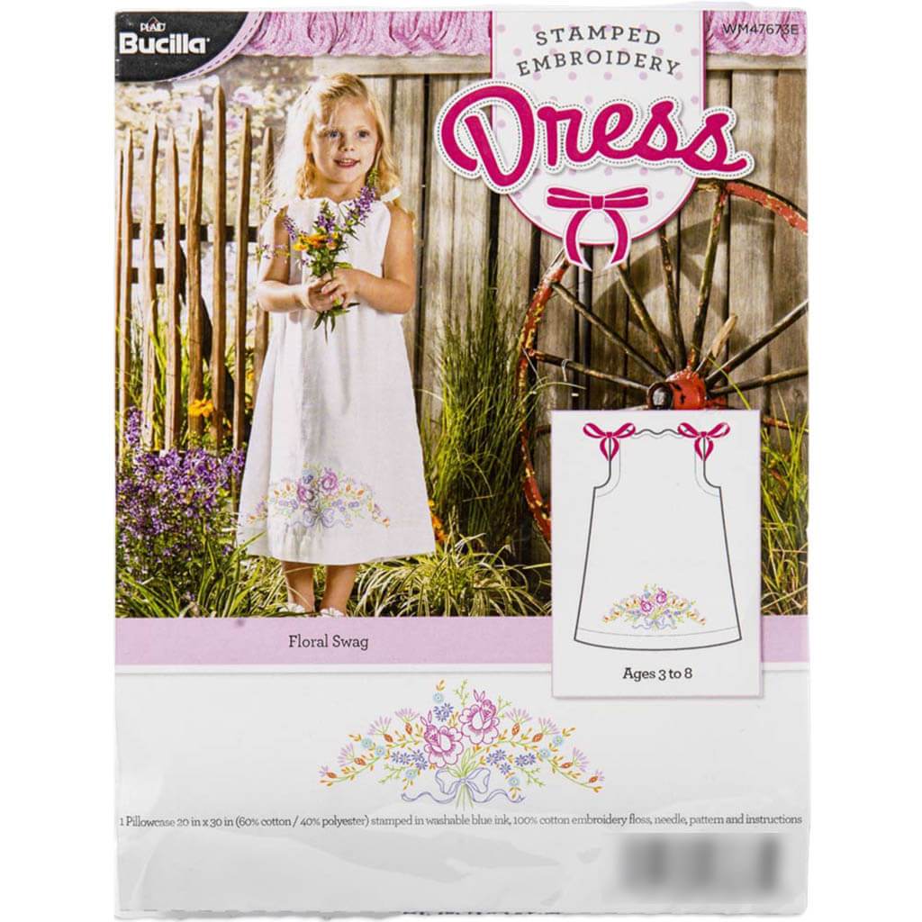 Bucilla Stamped Embroidery Pillowcase Dress Kit Size 3-8 Floral Swag