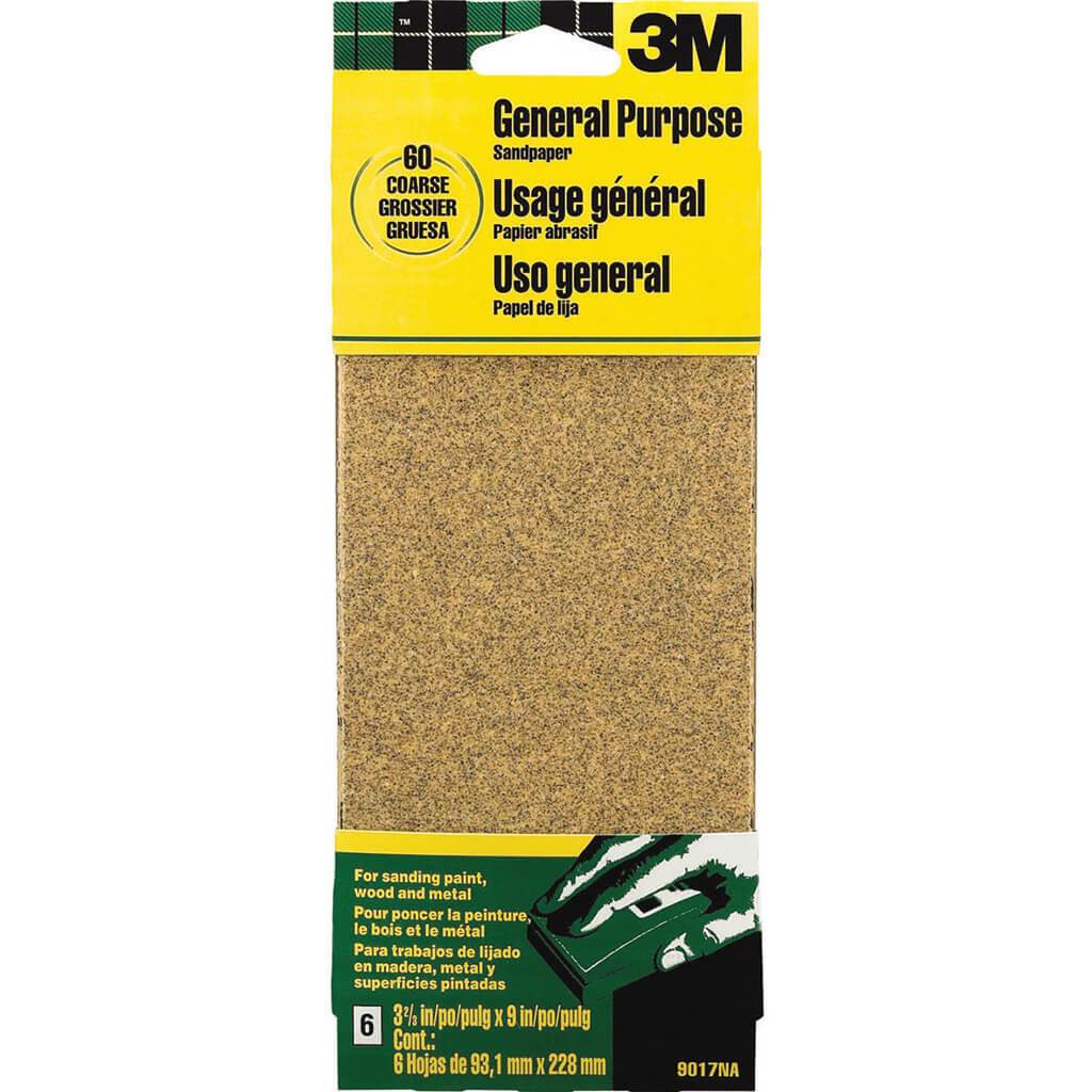 Aluminum Oxide Sandpaper Sheets 60 Grit 3-2/3in x 9in 6Pack