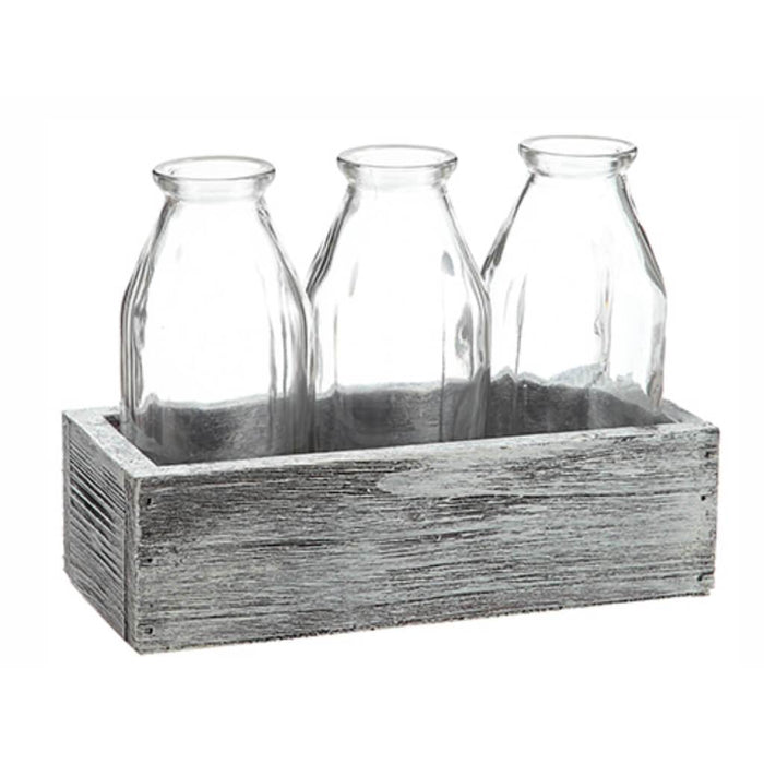 Glass x3 in Wood Box Clear Whitewashed 4.5"Hx3.25"Wx7.5"L 