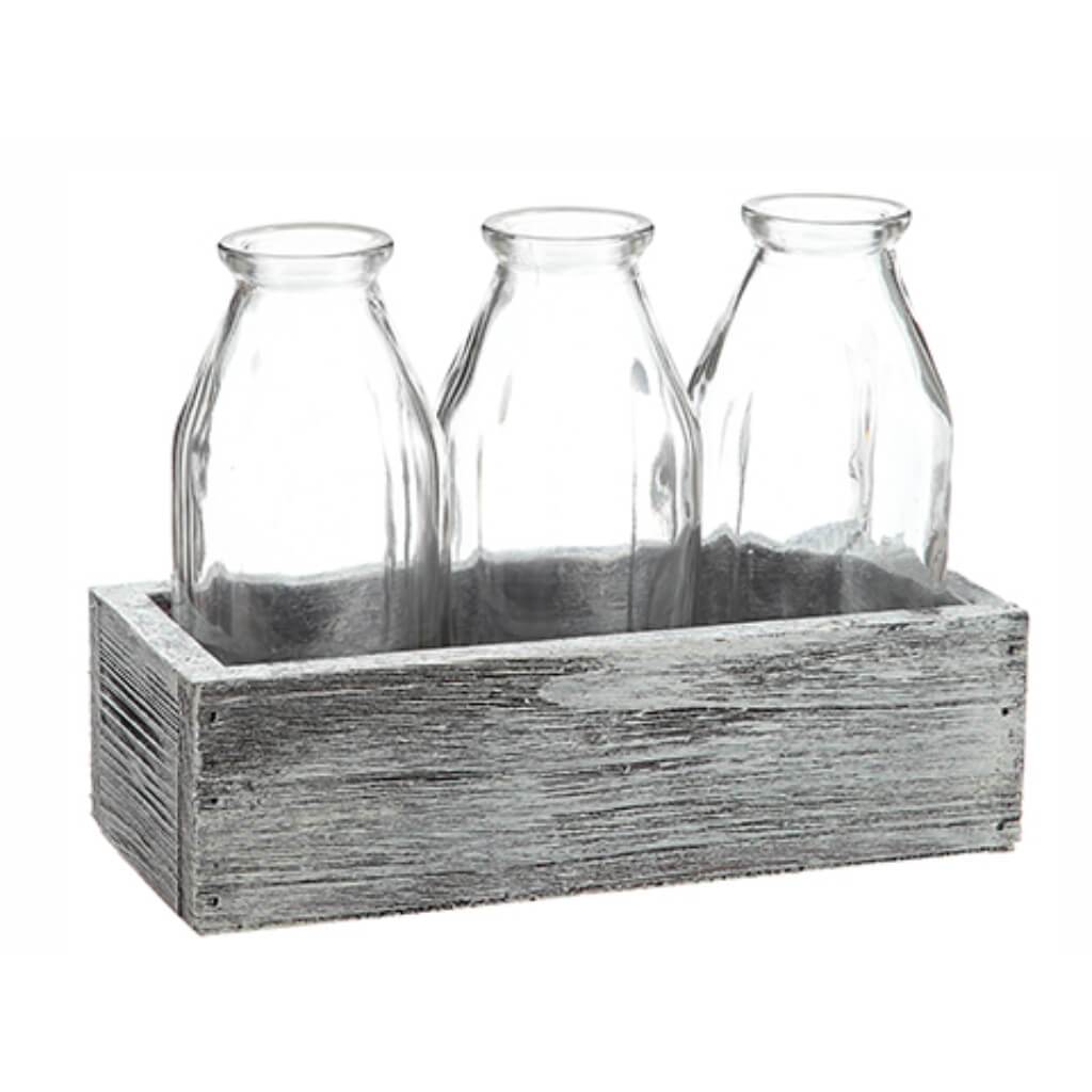Glass x3 in Wood Box Clear Whitewashed 4.5"Hx3.25"Wx7.5"L 