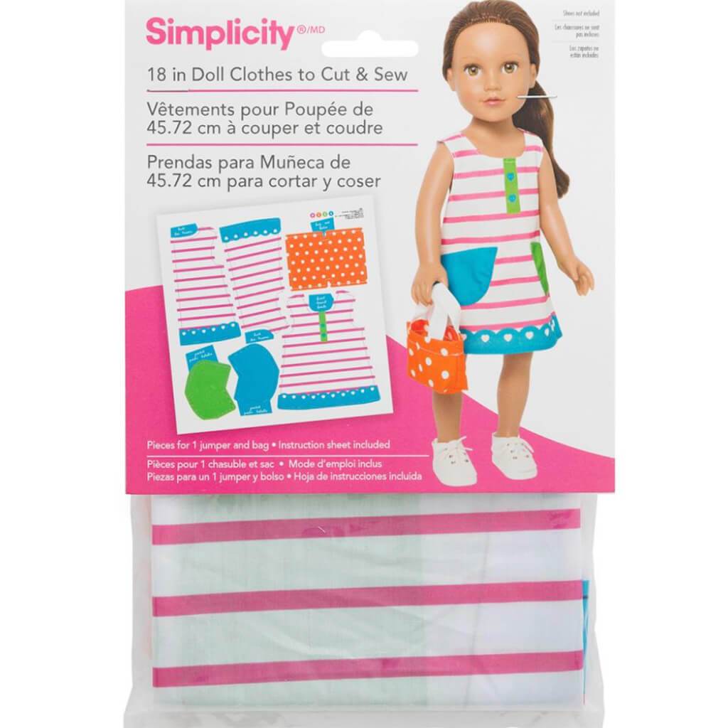 Simplicity 18in Doll Clothes To Cut &amp; Sew White Striped Dress with Orange Purse