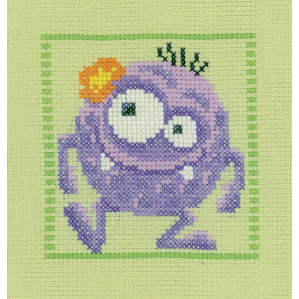 Purple Monster On Aida Counted Cross Stitch Kit 7.5in x 8in 8 Count