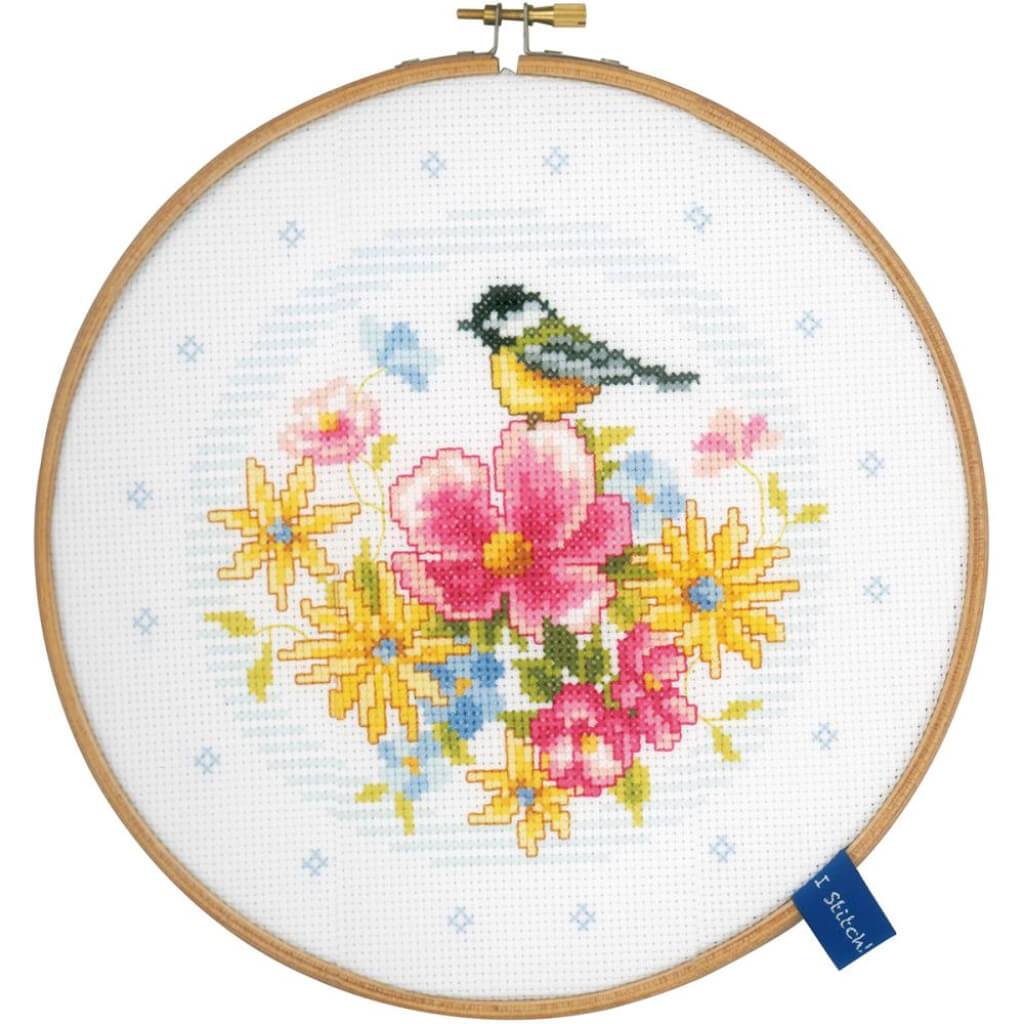 Vervaco Counted Cross Stitch Kit 8in Round Bird &amp; Flowers On Aida 14 Count