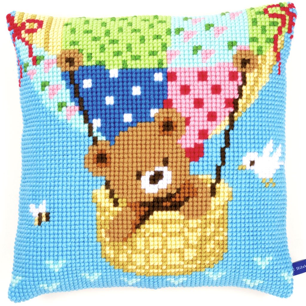 Vervaco Needlepoint Cushion Top Kit 16in x 16in Bear In A Hot Air Balloon