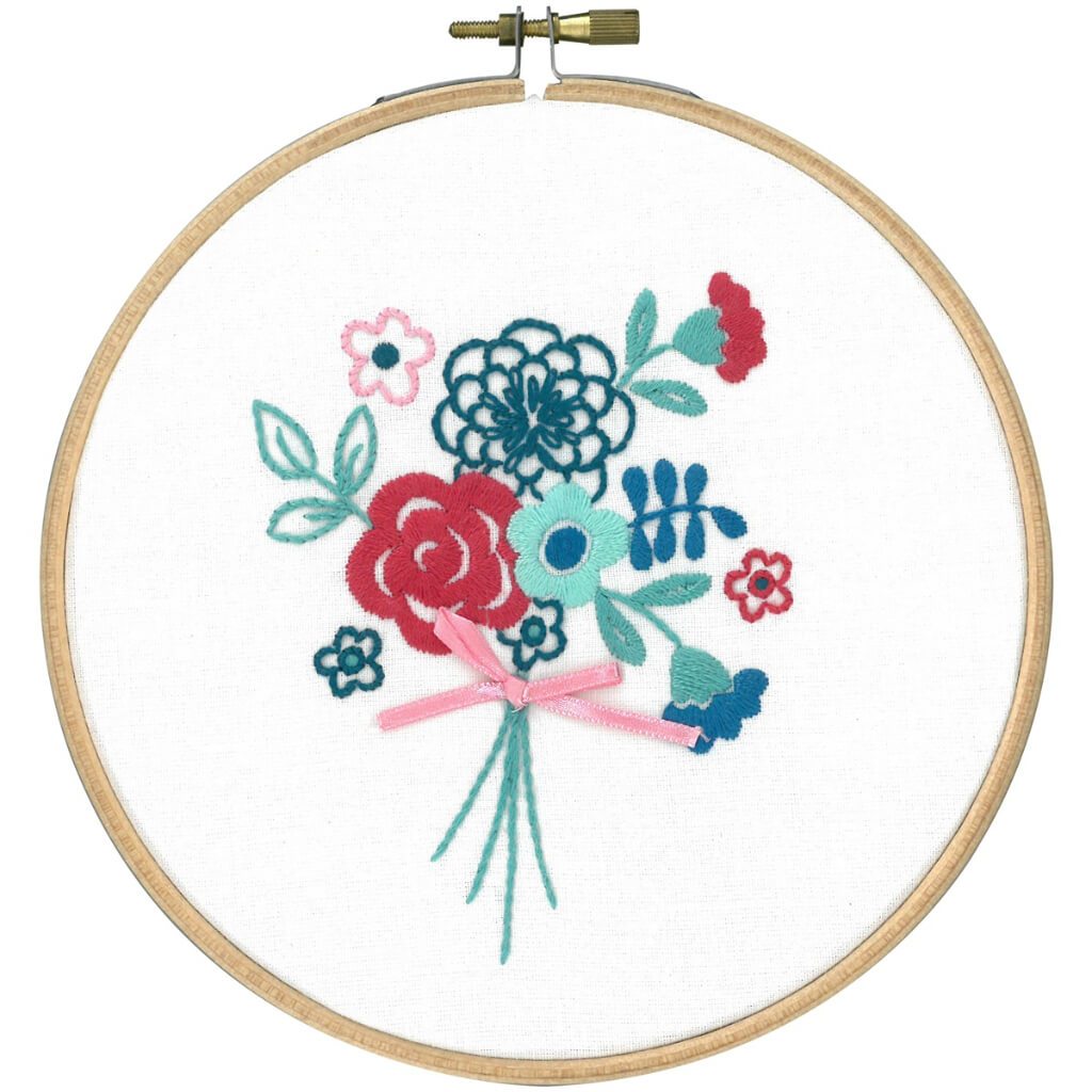 Vervaco Stamped Embroidery Kit 5.75in Round Modern Flowers With Bow