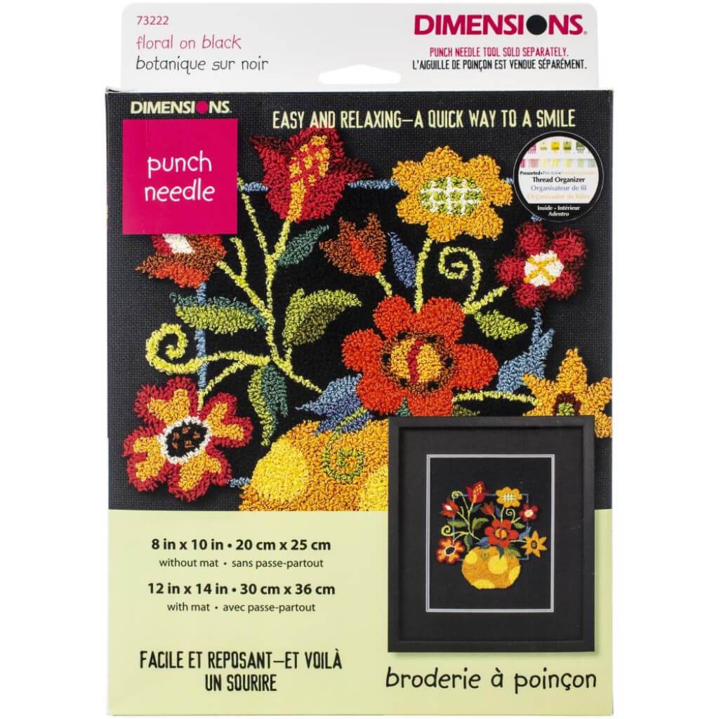 Dimensions Punch Needle Kit 10in x 8in Floral On Black