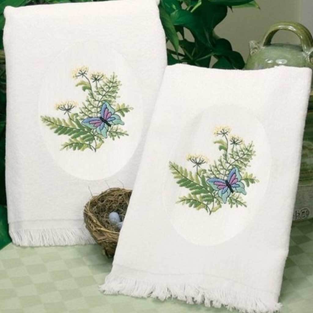 Stamped Embroidery Guest Towels 16in x 26in 2/Pkg Botanical Butterflies