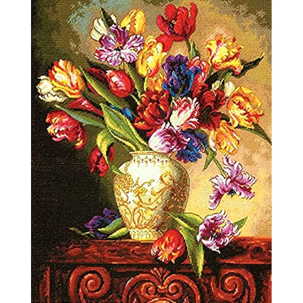 Counted Gold Cross Stitch Kit Parrot Tulips Flowers