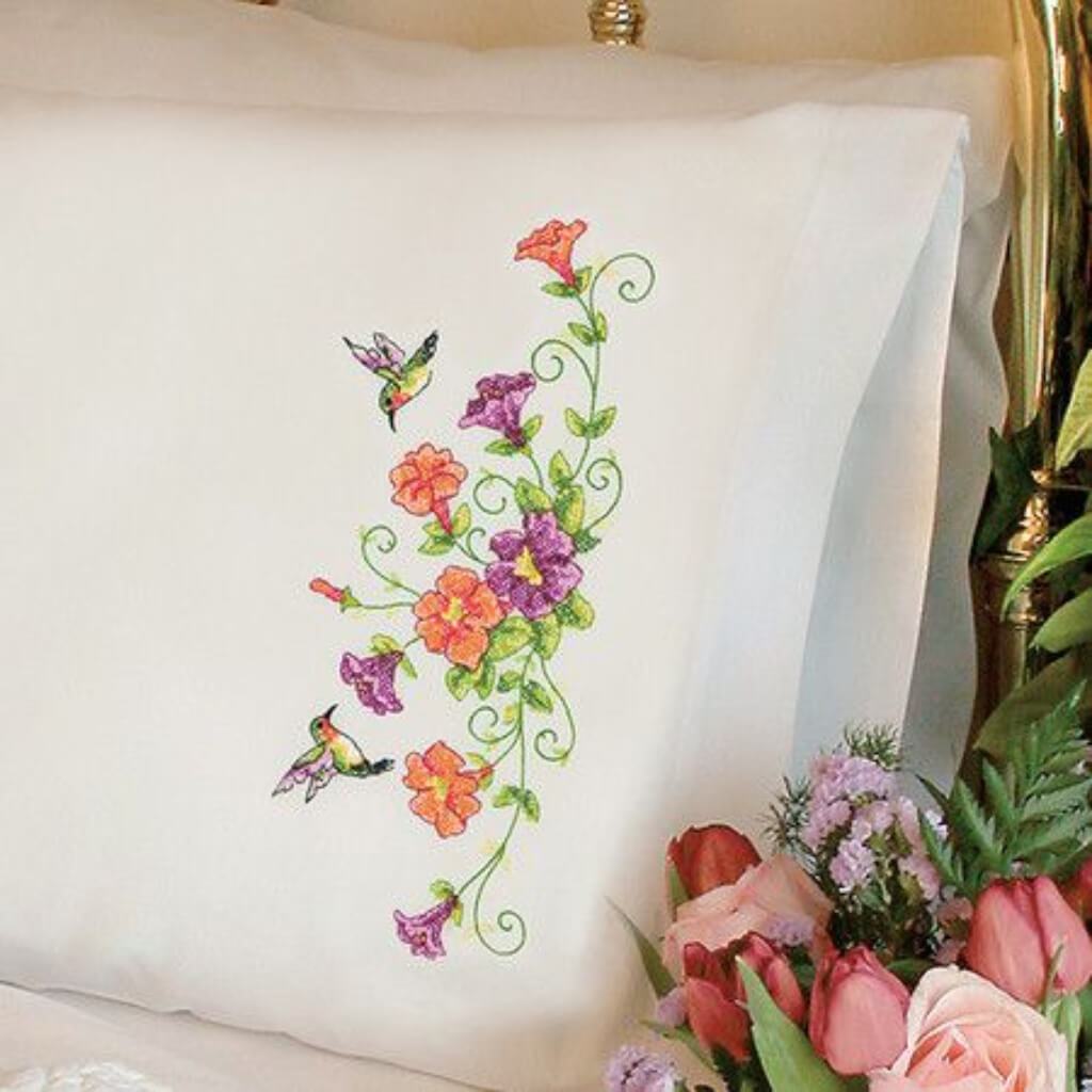 Stamped Cross Stitch Pillowcase Pair 20in x 30in Hummingbirds