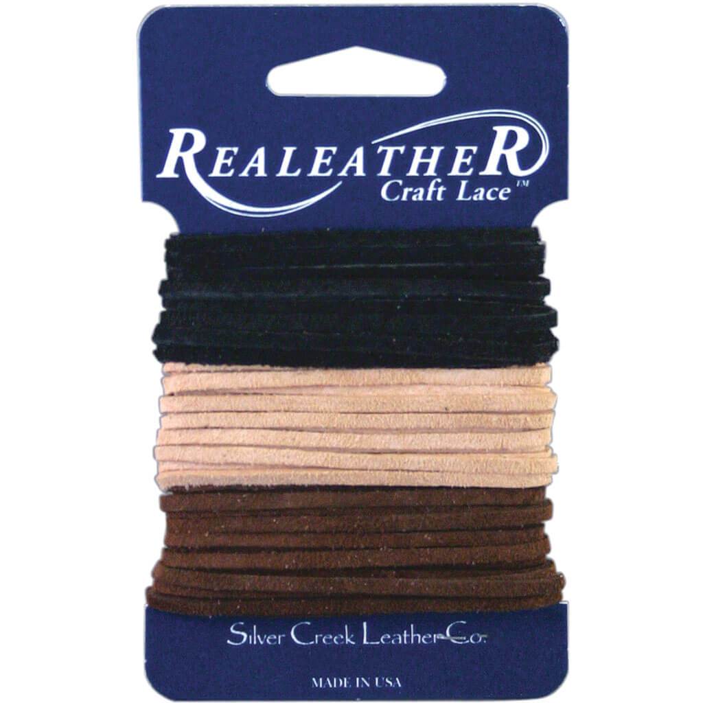 Realeather Crafts Sof-Suede Lace .094in x 8yd Carded Black, Cafe &amp; Sand