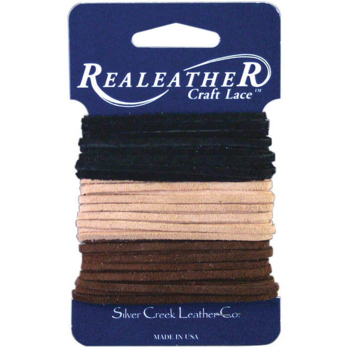 Realeather Crafts Sof-Suede Lace .094in x 8yd Carded Black, Cafe & Sand
