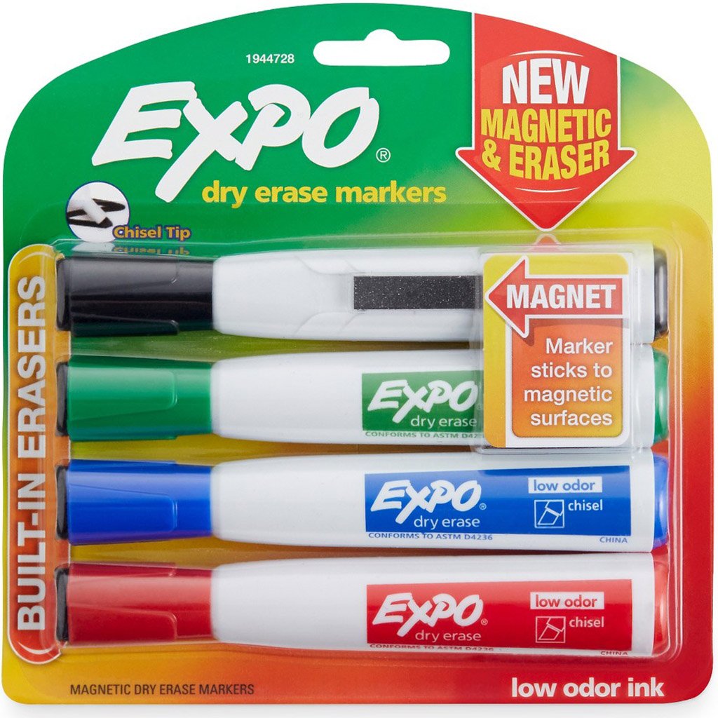 Expo Magnetic Dry Erase Chisel Marker With Eraser 4 Pkg