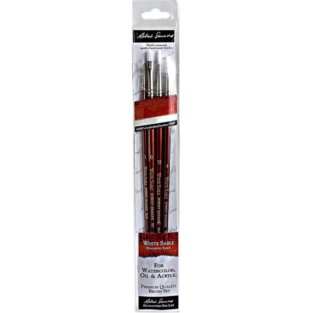 White Sable Synthetic Watercolor Oil and Acrylic Brush Long Handle Set of 4