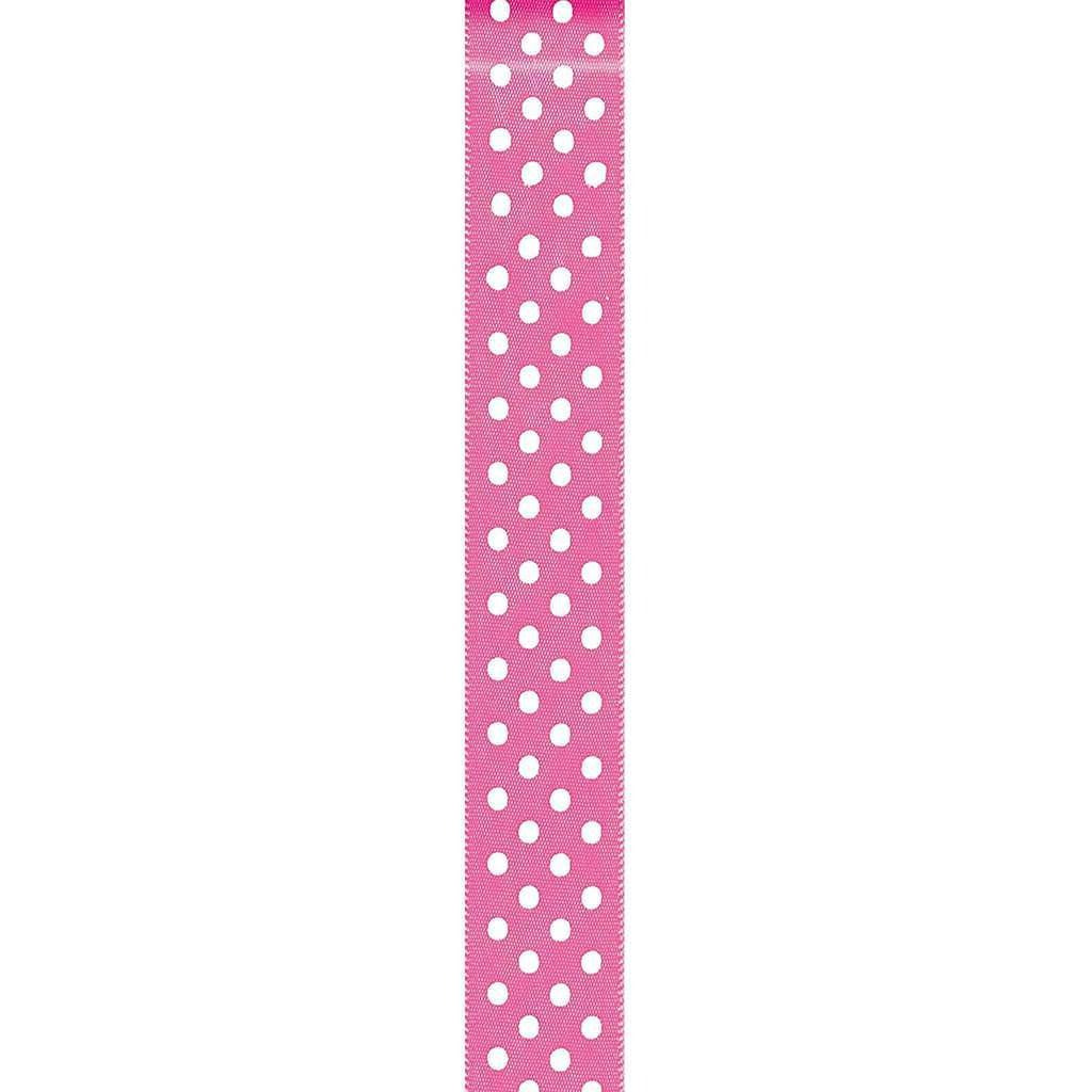 White Satin Dots Ribbon 7/8inin x 9ft Hot Pink