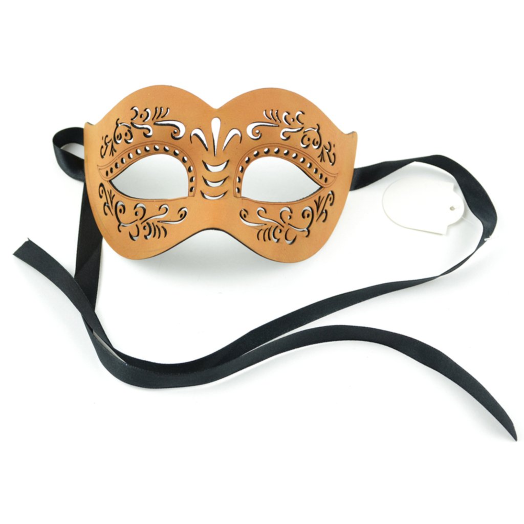 Leather Half Mask 8in Caramel W/Black Ribbon Ties 